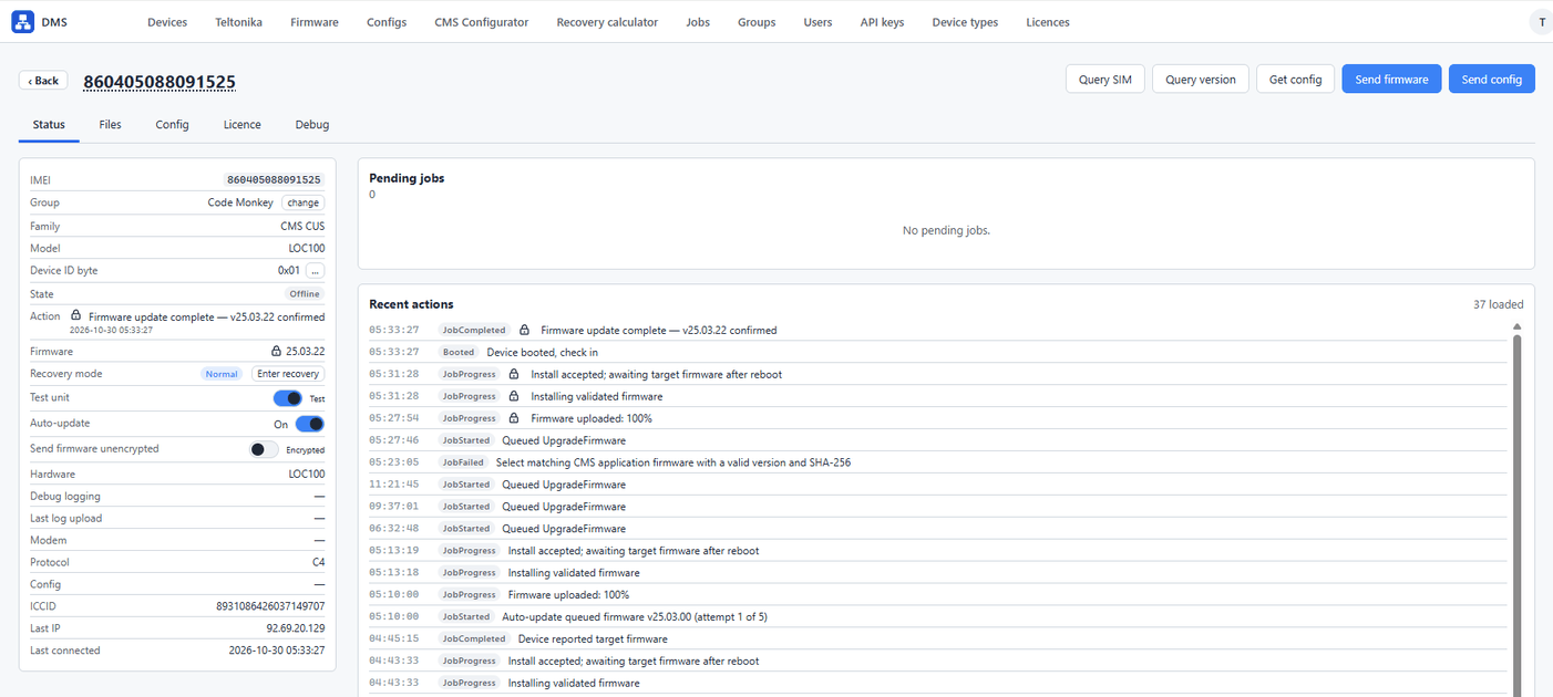 DMS device management showing firmware update progress and configuration controls